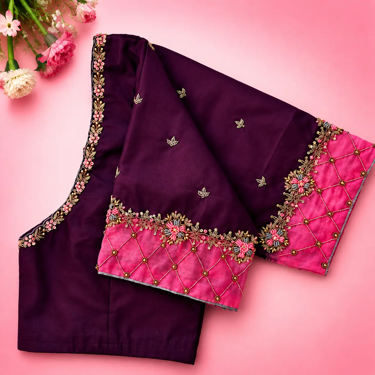 Traditional South Indian bridal blouse with intricate Aari work